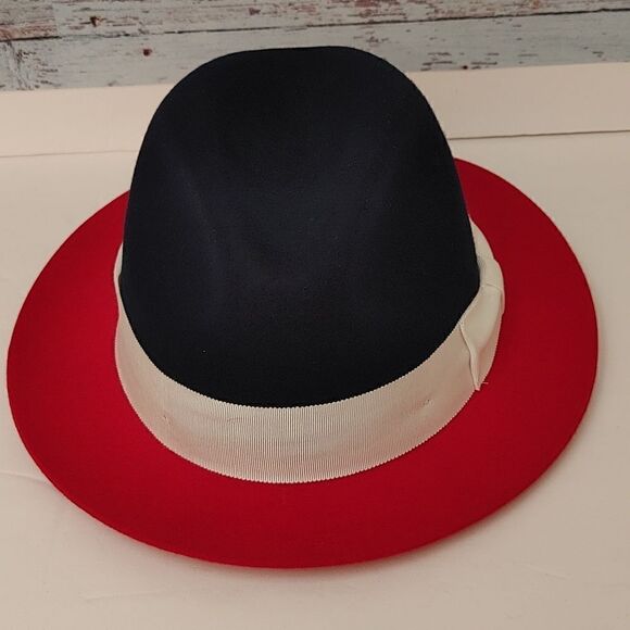MEN'S MONTIQUE NAVY-RED 3 1/4" WIDE BRIM 100% WOOL FELT FEDORA HAT. H82. - Picture 7 of 8